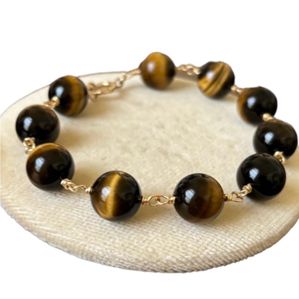 14K Yellow Gold & Tigers Eye Bracelet, Handmade, 12mm Vintage Beads, 7” Length